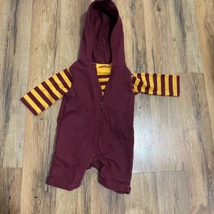 Burgundy and yellow hooded 2 piece romper